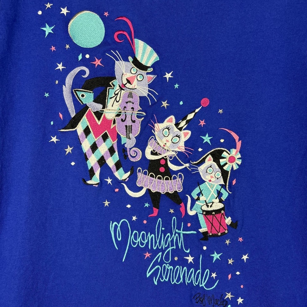 BOB MACKIE Cats Moonlight Serenade Top‎ Blue Women 2X 3/4 100% Cotton Embroider